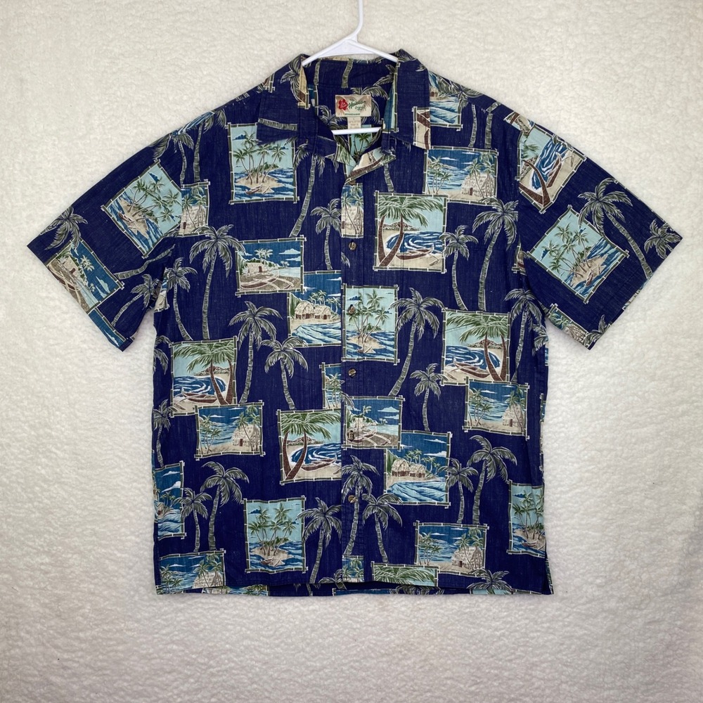 Hilo Hattie The Hawaiian Original Mens Large Navy Blue Postcard Palm Tree Shirt